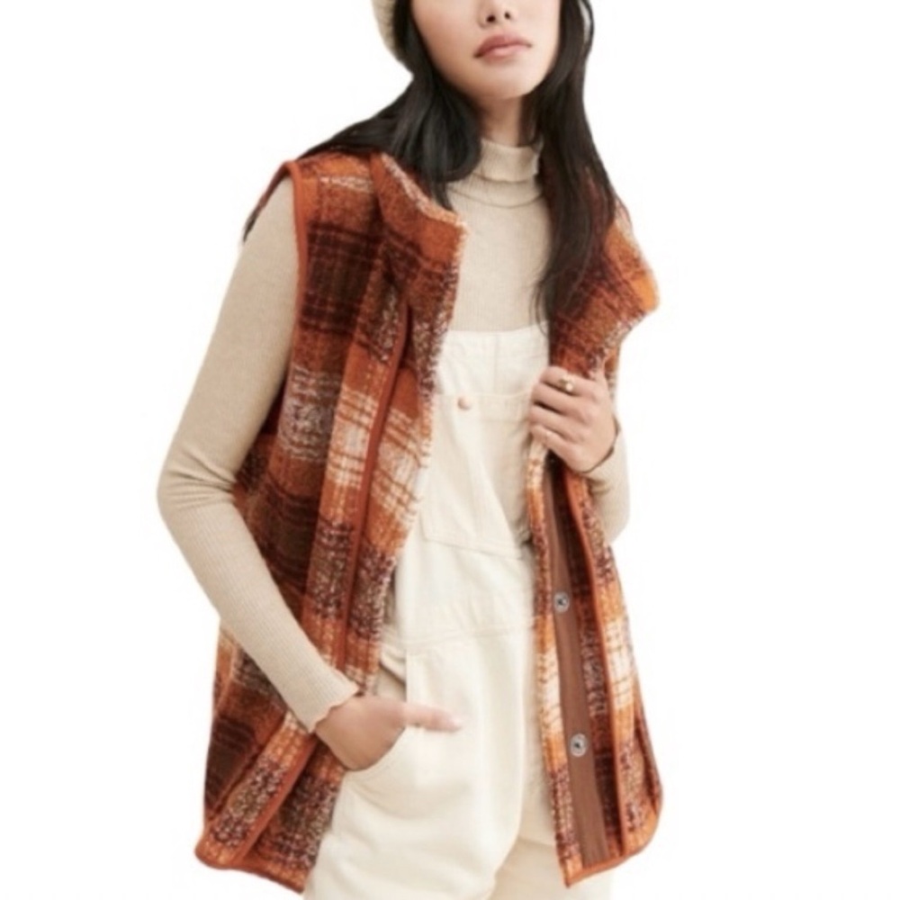 Free People Wrapped Up Blanket Vest - Oversized Wool Blend Rust Plaid Women’s M
